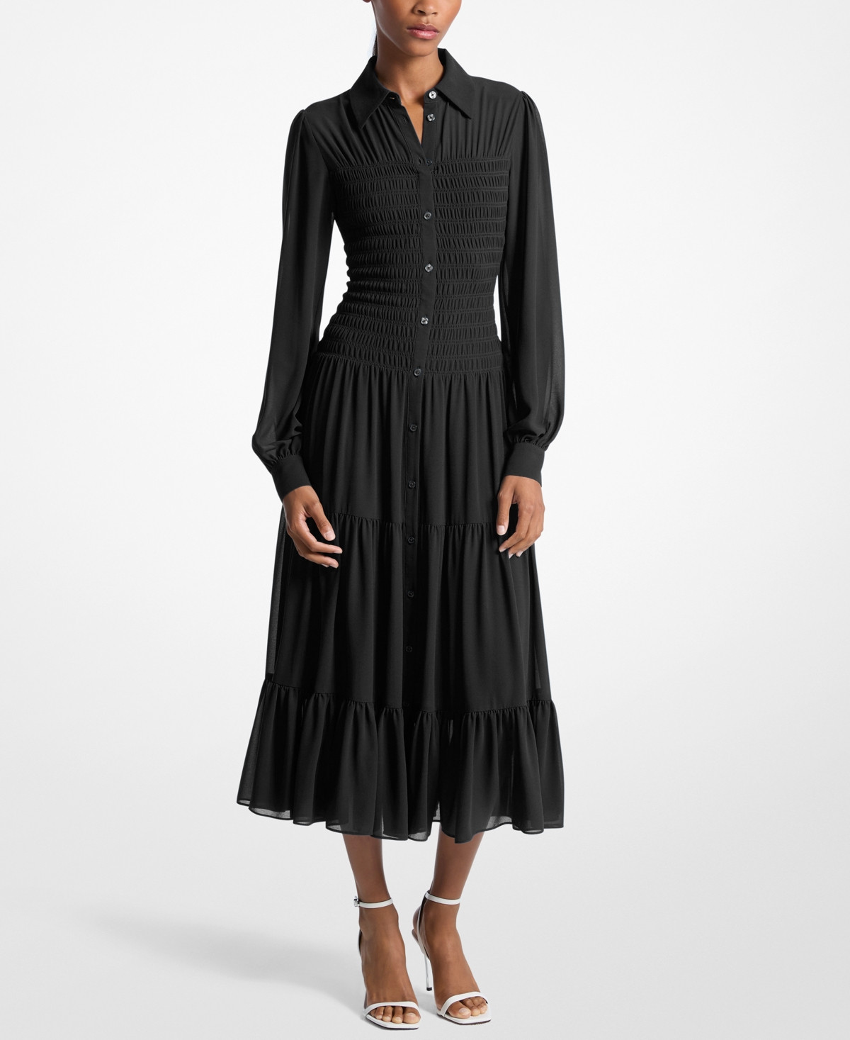 Michael Michael Kors Women's Smocked Button-Down Shirt Dress - Black | Macy's