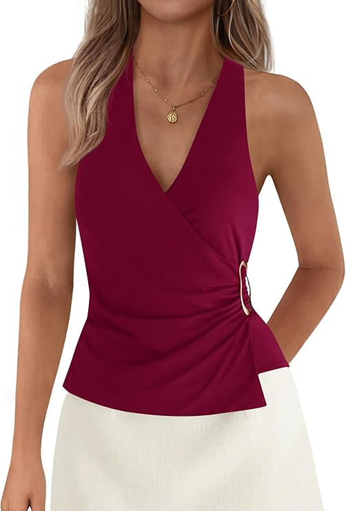PRETTYGARDEN Womens Halter Top 2026 Spring Tie Wrap Sleeveless Ruched V Neck Fitted Summer Tops B... | Amazon (US)