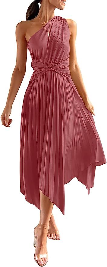 PRETTYGARDEN Women's Summer Long Satin Dress One Shoulder Sleeveless Ruched Twist Flowy Maxi Dres... | Amazon (US)