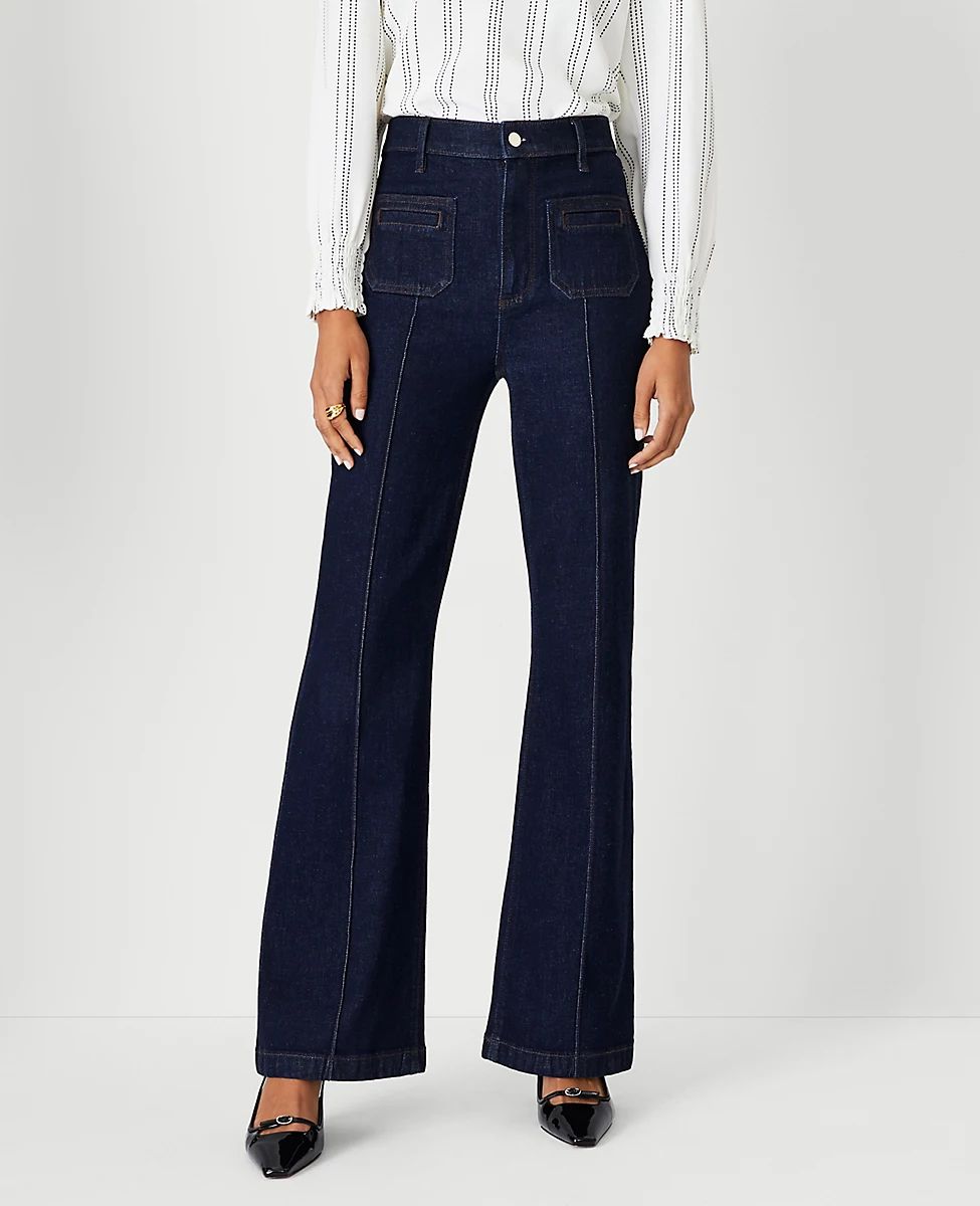 Petite Sculpting Pocket High Rise Flare Jeans in Classic Rinse Wash | Ann Taylor (US)
