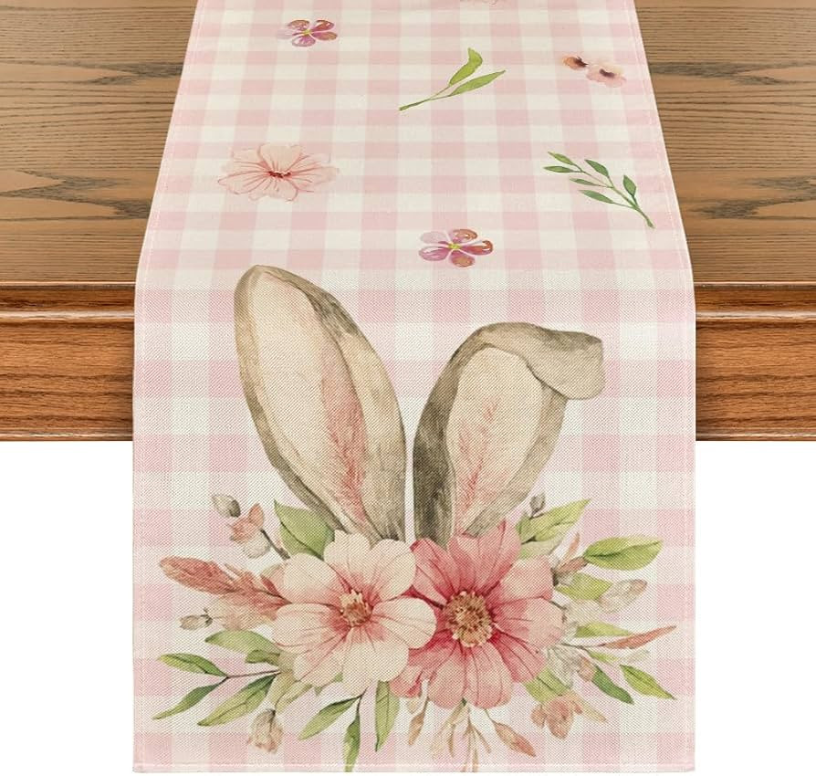 Artoid Mode Pink Buffalo Plaid Bunny Ears Flower Easter Table Runner, Spring Seasonal Holiday Kit... | Amazon (US)