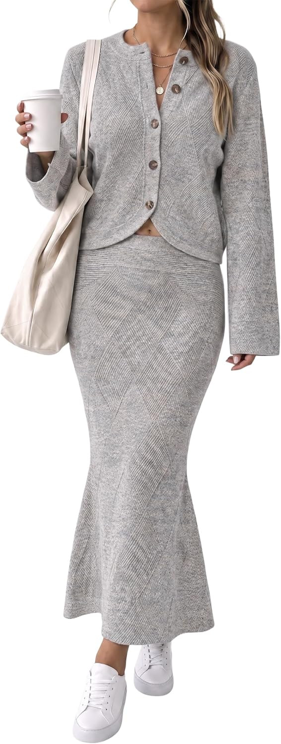 Tankaneo Womens 2 Piece Sweater Skirt Sets Argyle Cardigan Knit Outfits | Amazon (US)