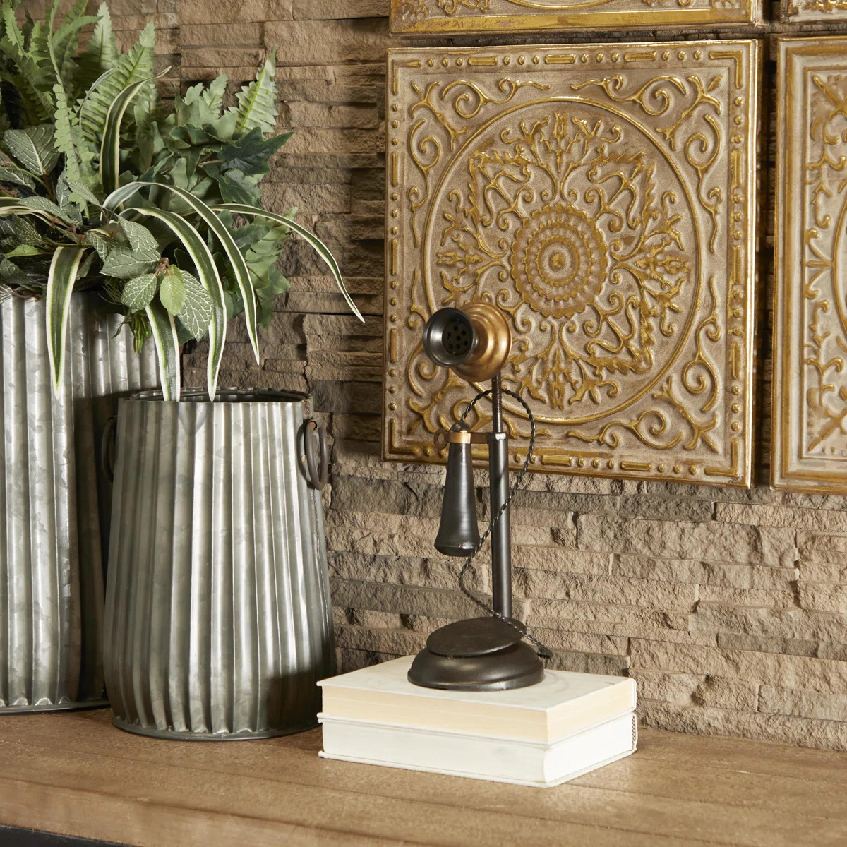 Fortunata Metal Decorative Vintage Style Telephone Black Sculpture with Tiered Base and Coil Wire... | Wayfair North America