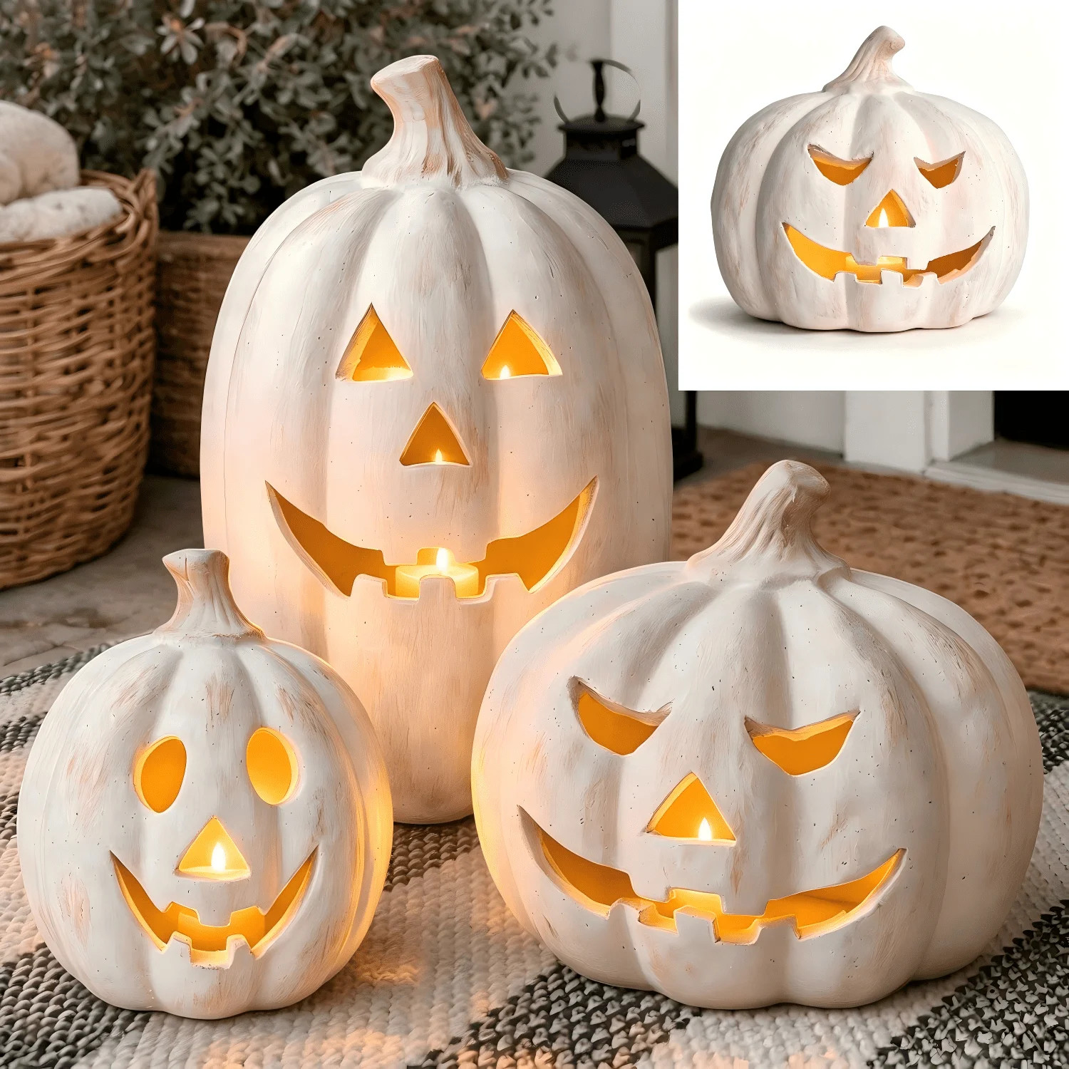 Halloween Decor - 7.8" White Handmade Resin Pumpkin Jack O' Lantern Fall Decor, Outdoor Indoor Au... | Walmart (US)