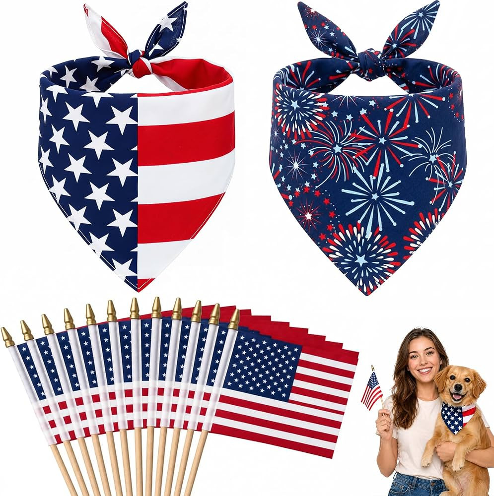 4th of July Dog Bandana & American Flags Set - 2 Pack Pet Scarf (27"x19") + 12 Pack 4x6in Handhel... | Amazon (US)