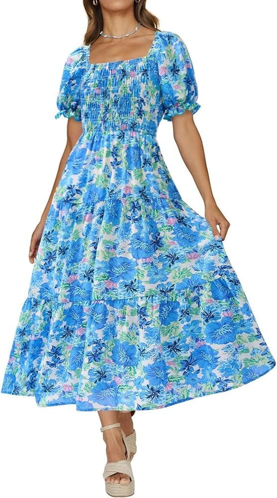 PRETTYGARDEN Womens Summer Puff Sleeve Floral Square Neck Smocked Boho Flowy A Line Long Dresses | Amazon (US)