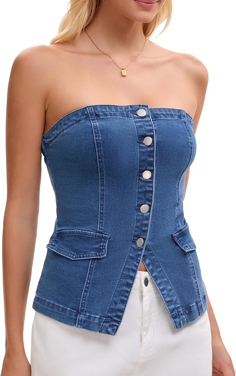 Women's Denim Tube Tops Button Front Elastic Back Crop Strapless Bandeau Top | Amazon (US)