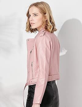 Women's Faux Leather Textured Short Moto Jacket Zip-up Slim PU Biker Coat with Pockets | Amazon (US)