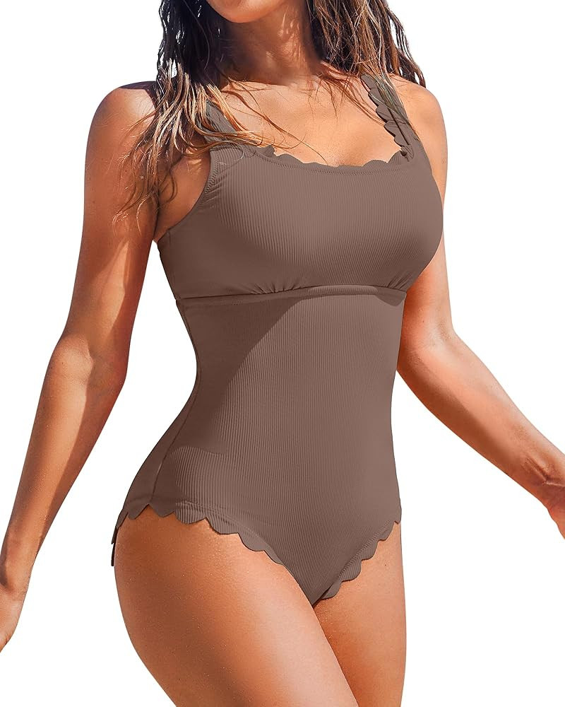Charmo Womens Scalloped Ribbed One Piece Swimsuits Retro Square Neck Modest Bathing Suits | Amazon (US)
