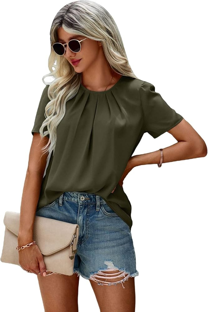 SheIn Women's Casual Round Neck Basic Pleated Top Puff Sleeve Keyhole Back Blouse | Amazon (US)