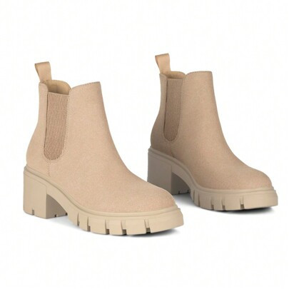 Fashionable Women's Ankle Boots Fashion Lug Sole Chelsea Leather Chunky Heel Slip On Elastic Bootie | SHEIN