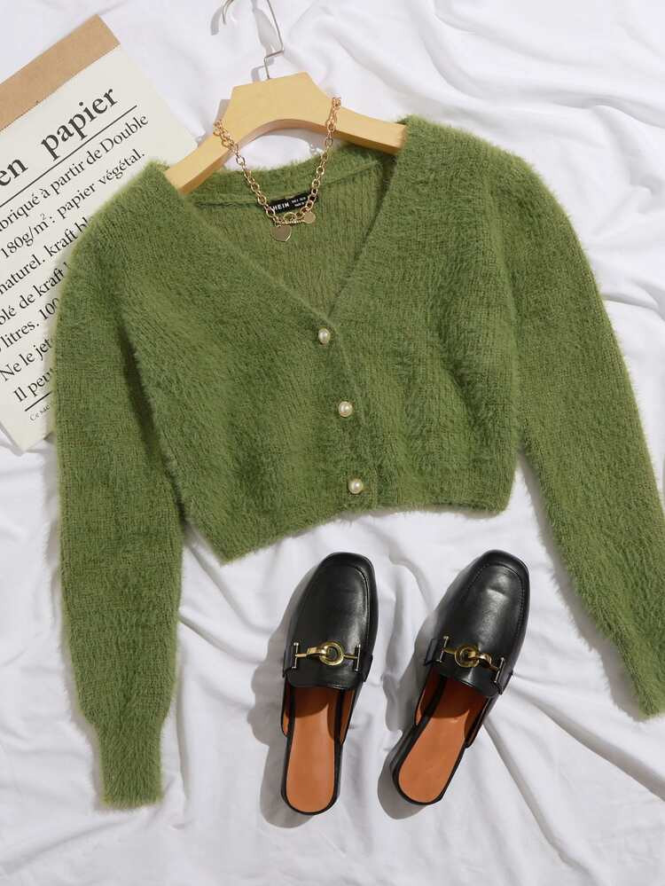 Pearl Button Up Fuzzy Cardigan | SHEIN