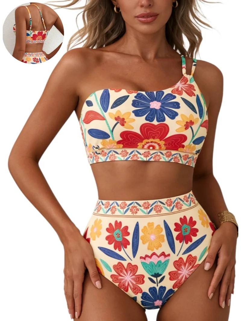DOKOTOO Women's Bikini Sets Floral Print One Shoulder Spaghetti Straps High Waist Stretchy Tummy ... | Walmart (US)