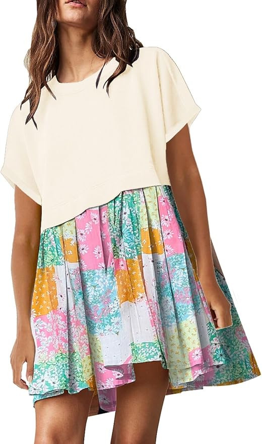 SAUKOLE Womens Summer Crew Neck Short Sleeve Dress Patchwork Pleated A Line Beach Boho Mini Dress | Amazon (US)