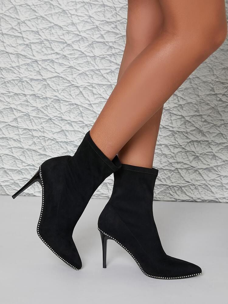 Faux Suede Pointed Toe Studded Ankle Booties | SHEIN