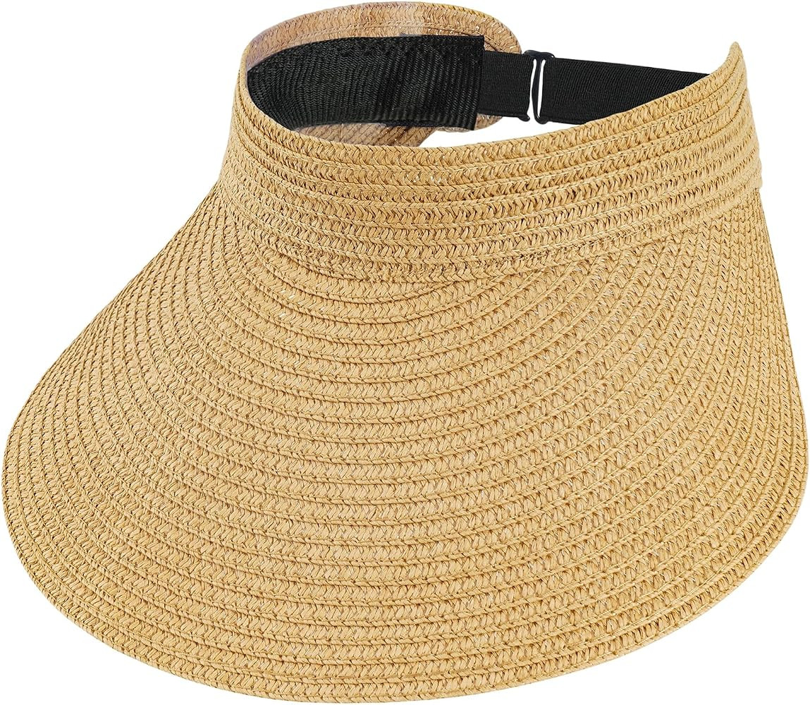 Straw Sun Visors Womens, Ponytail Beach Straw Visor, Packable Summer Sun Hats for Women Travel | Amazon (US)