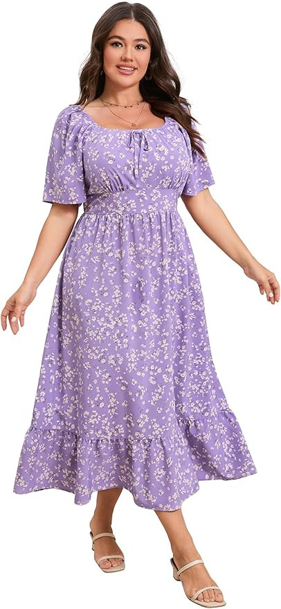 ShopWonder Womens Plus Size Square Neck Floral Print Summer Dress Ruffle Short Sleeve Tie Front S... | Amazon (US)