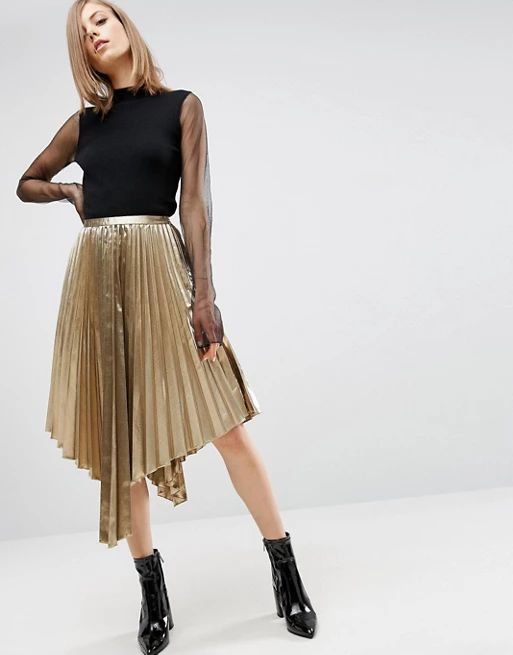 ASOS Metallic Pleated Midi Skirt with Hanky Hem | ASOS UK
