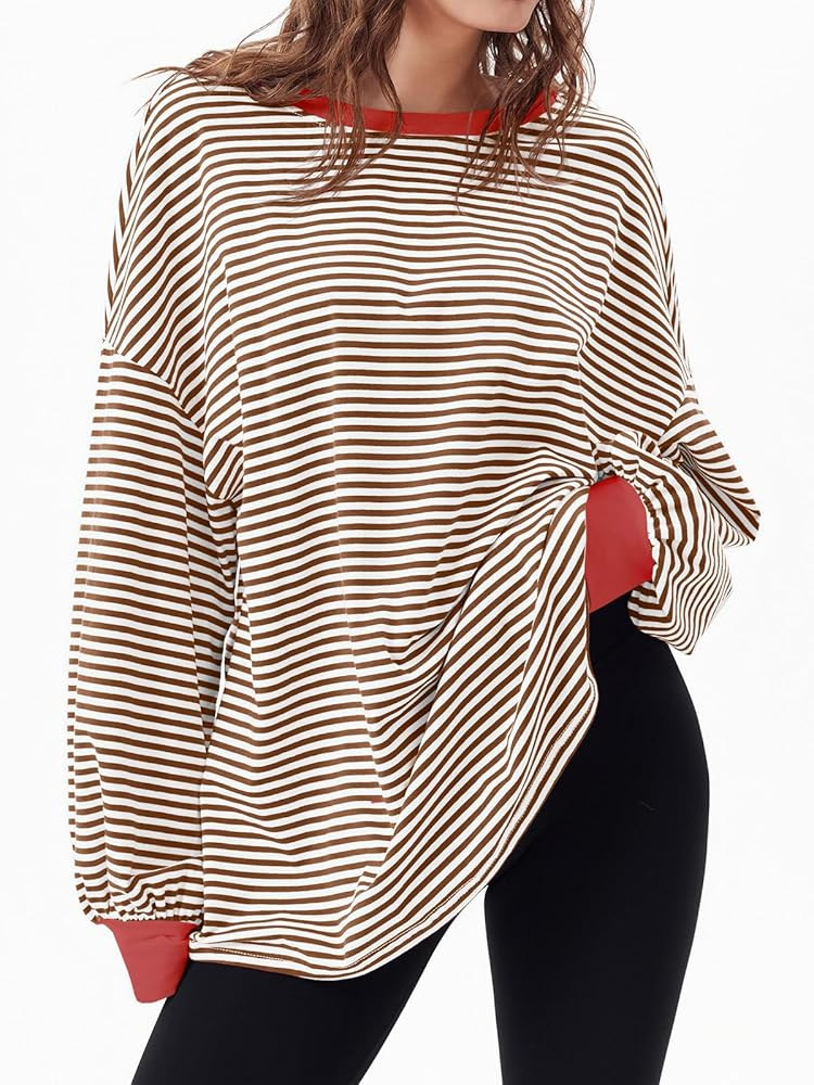 Tankaneo Womens Oversized Long Sleeve T Shirts Striped Color Block Cotton Tunic Tops Loose Fit Fa... | Amazon (US)