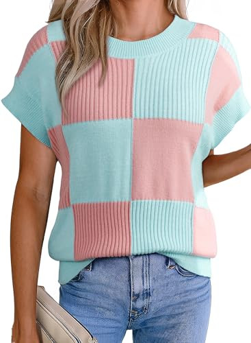 EVALESS Short Sleeve Sweater for Women Crewneck Color Block Knit Tops 2026 Spring Trendy Cap Slee... | Amazon (US)