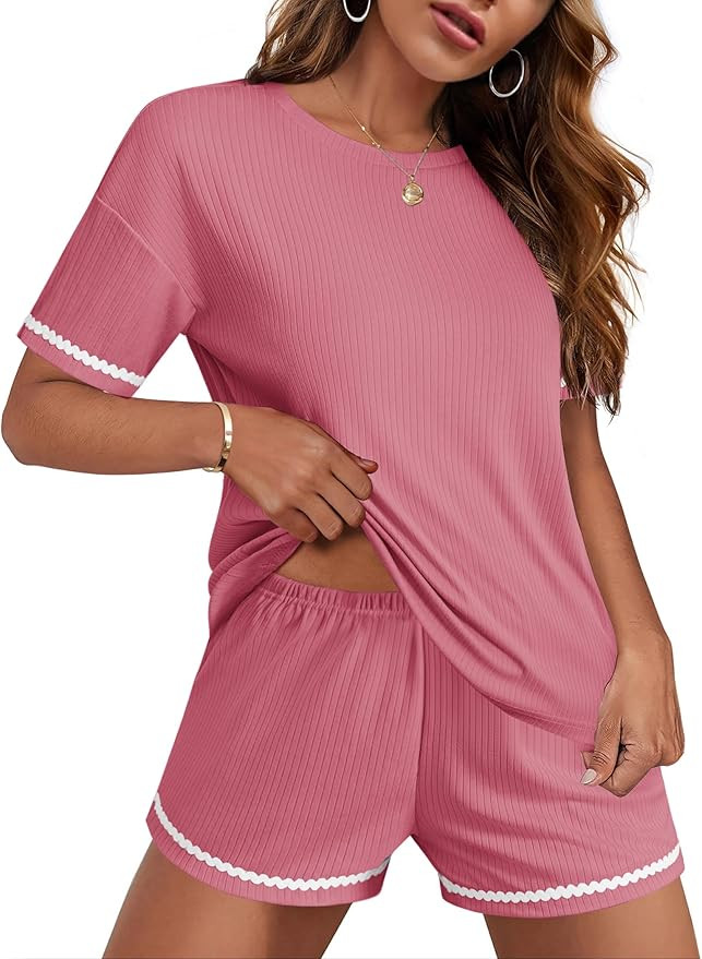 Ekouaer Pajama for Women Sets 2 Piece Ribbed Knit Lounge Sets Pjs Shorts Summer Short Sleeve Slee... | Amazon (US)