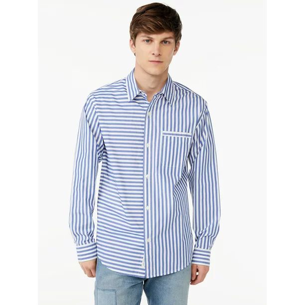 Free Assembly Men's Stripe Poplin Shirt with Long Sleeves | Walmart (US)