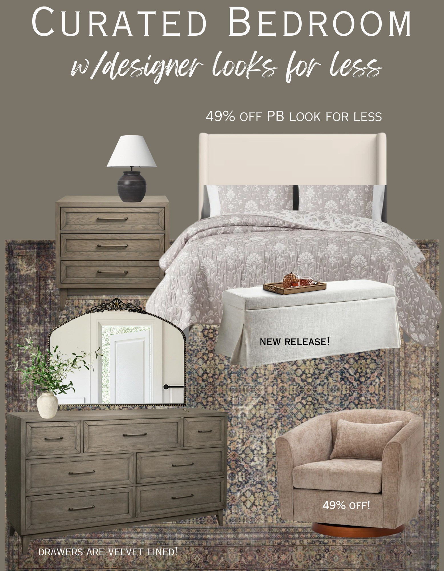 Curated bedroom with designer looks for less. Shop by clicking the thumbnails below 👇... bedroom, bedroom inspo, bedroom furniture, affordable bedroom furniture, designer looks for less, designer inspired, pottery Barn looks for less, affordable bedroom, affordable bedframe, rug, bedroom rug, antique rug, vintage rug, bedding, furniture, dresser, nightstand, swivel chair, storage ottoman, storage bench, bedroom storage bench, dresser mirror, arched mirror, bedroom decor, modern farmhouse bedroom, farmhouse bedroom 

#LTKHome #LTKSaleAlert #LTKStyleTip