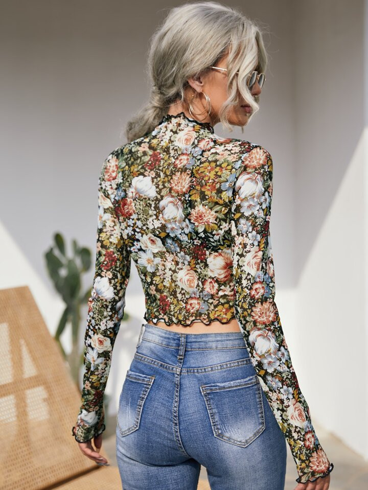 SHEIN Privé Lettuce Edge Floral Mesh Top | SHEIN