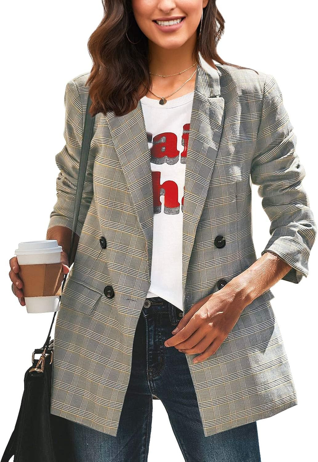 LookbookStore Women's Casual Check Plaid Loose Buttons Work Office Blazer Suit | Amazon (US)