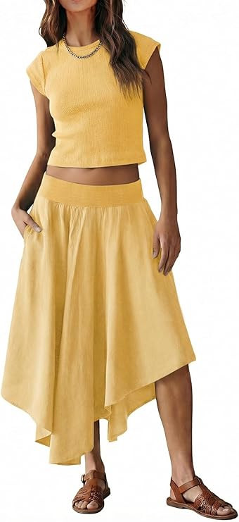 Tankaneo Womens 2 Piece Skirt Set Summer Casual Cap Sleeve Ribbed Crop Tops Midi Dress Vacation O... | Amazon (US)