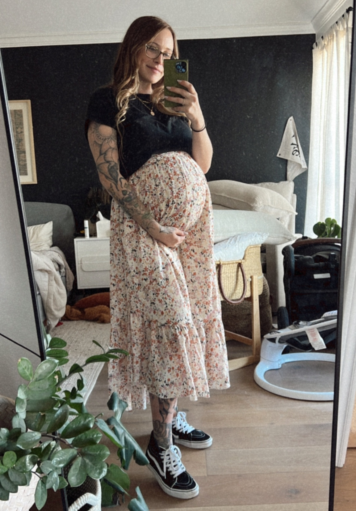 Spring maternity look
Free people, midi skirt, floral, maternity, high top vans, mid size, mama style

#LTKcurves #LTKstyletip #LTKbump
