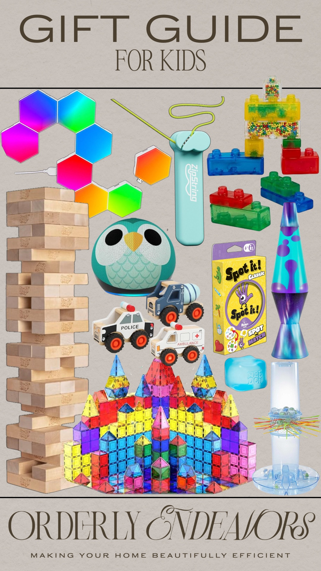 Gift guide for kids includes lava lamp, kids echo dot, jumbo jenga, magnatiles, marble game, wooden card, spot it game, zip string, jelly blocks, and LED lights.

Gift guide, gifts for kids, kids gifts, gifts for children

#LTKFamily #LTKFindsUnder50 #LTKGiftGuide