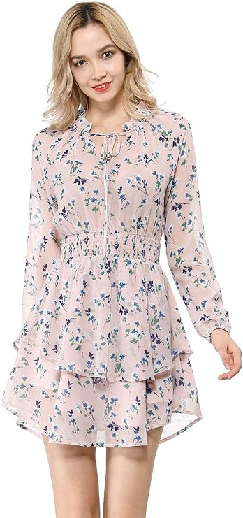 Allegra K Women's Floral Smocked Waist Tie Neck Layered Chiffon Mini Dress | Amazon (US)