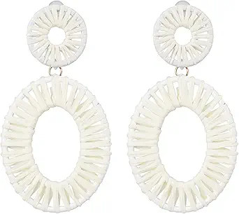 Boho Raffia Earrings for Women Girls - Rattan Woven Hoop Drop Dangle Earrings Fashion Bohemian S... | Amazon (US)