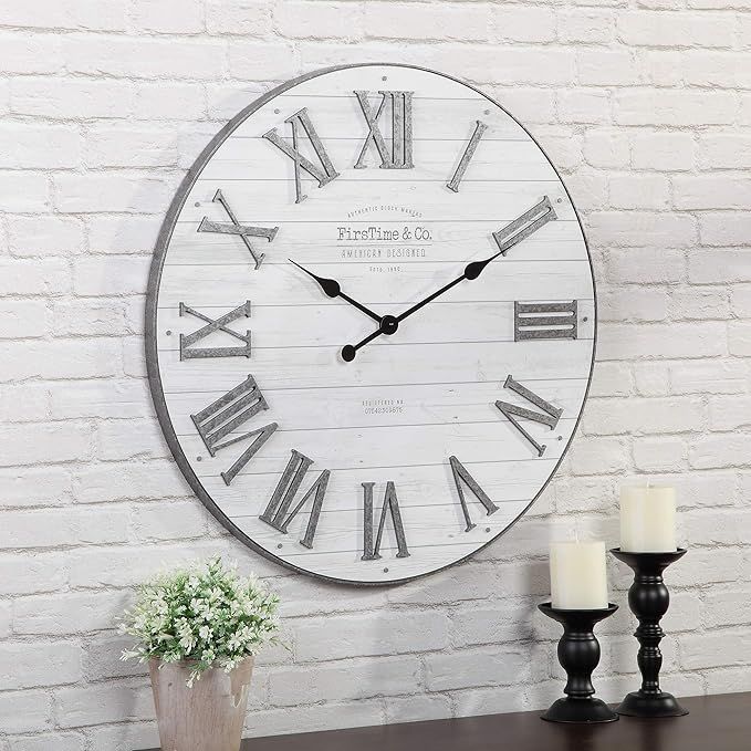 FirsTime & Co. Emmett Shiplap Wall Clock, 27", Galvanized Silver, White | Amazon (US)