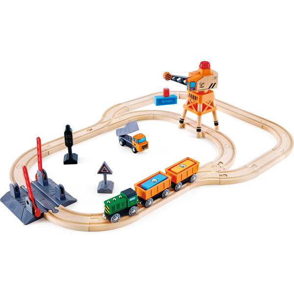 Hape: Crossing & Crane Set - 32pc Wooden Train Cargo Railroad Yard | Maisonette
