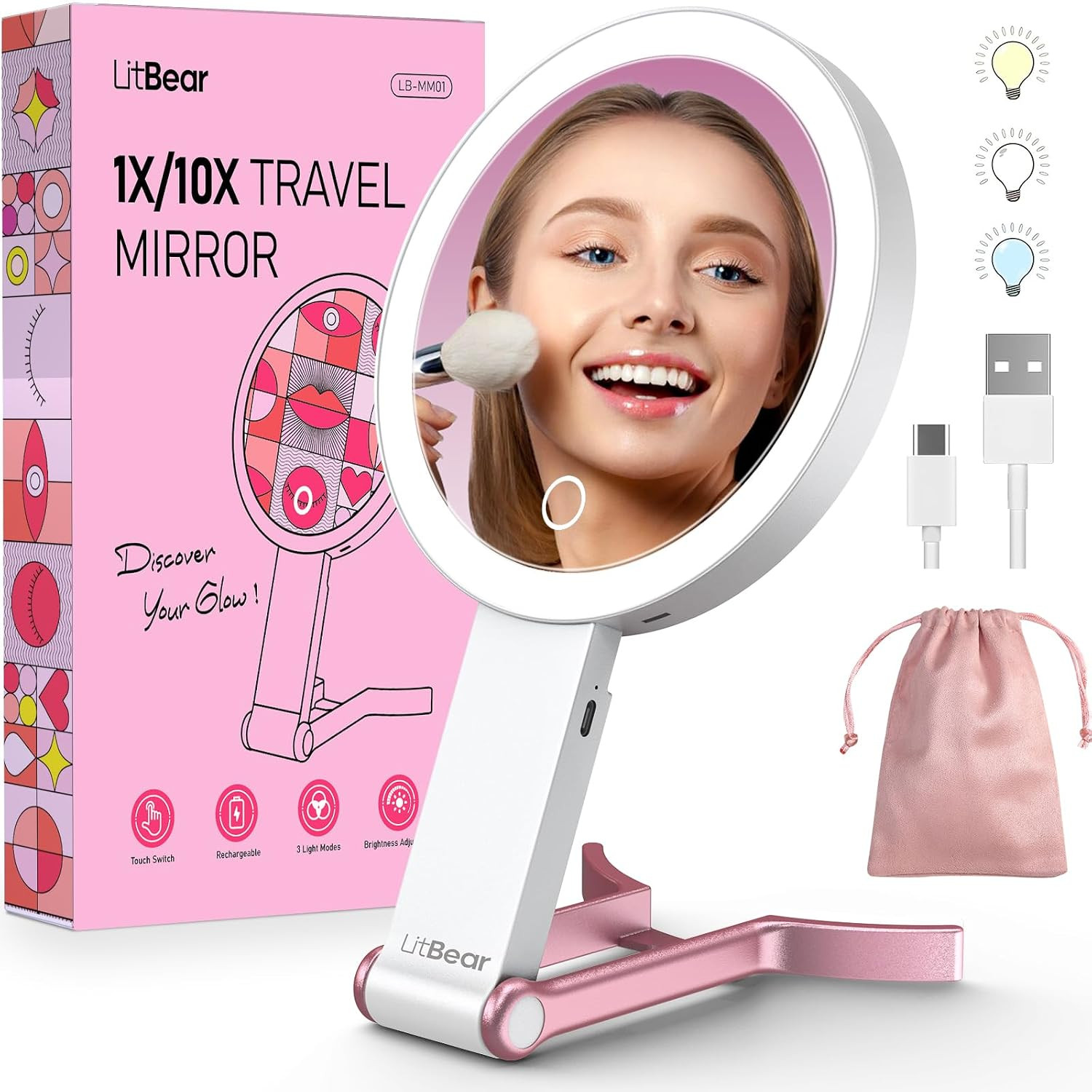 LitBear Travel Makeup Mirror with Lights, Rechargeable Double-Sided 10X/1X Magnifying Mirror, Portable Lighted Beauty Mirror, 3 Color Lighting, Dimmable Touch Screen, Tabletop Handhold Hanging (White) | Amazon (US)