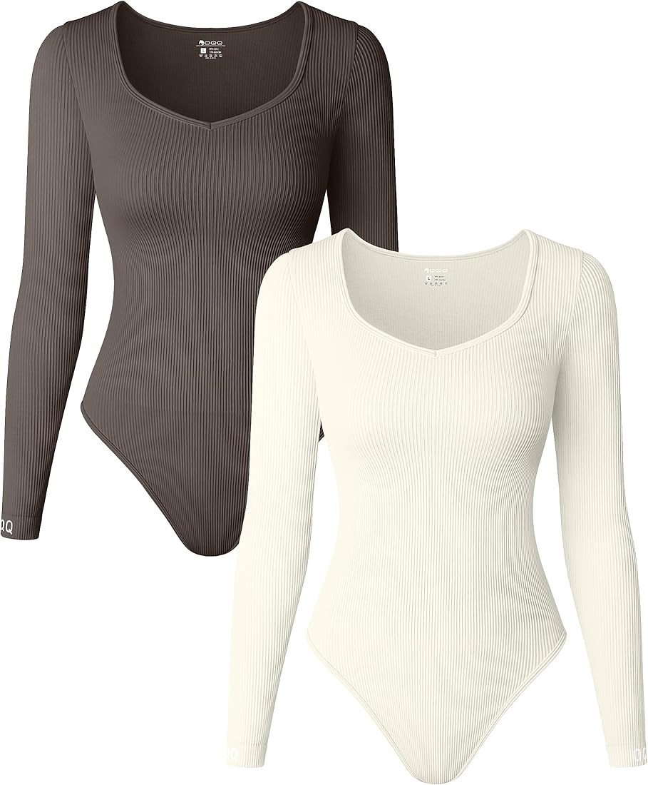OQQ Women's 2 Piece Bodysuits Sexy Ribbed Long Sleeve Tops Bodysuits | Amazon (US)