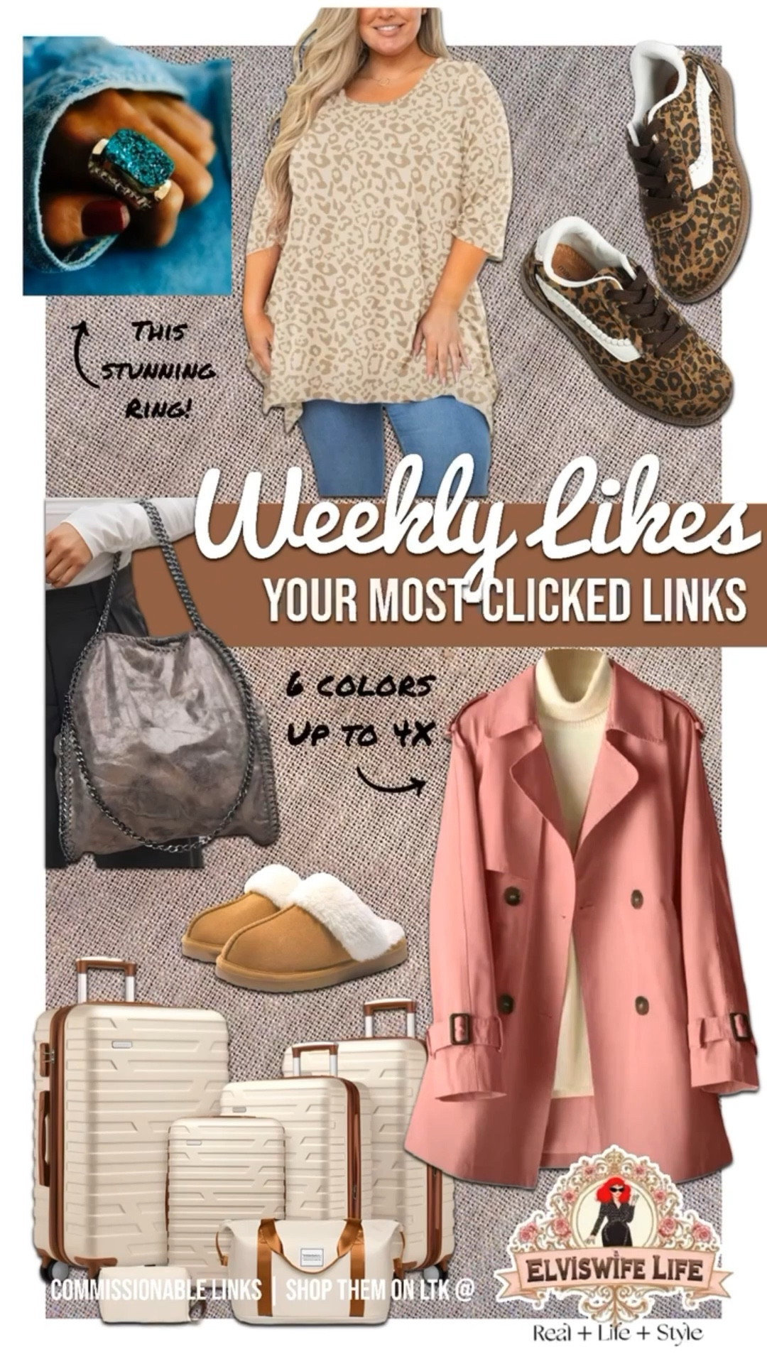 Getting ready for holiday travel and fall weather, with this amazing rain coat that comes in six different colors and goes up to size 4X, now less than $40! Leopard is still going strong - that top comes in 10 colors, all sizes, and cost less than $14? Plus that amazing ring is less than $50! Whether you are buying for yourself, your family travels, or giftgiving, these are some great deals!

Speaking of great deals: for fab accessories visit Vici collection (click on the silver purse below) and while you are there try and stack these codes at checkout: new25, saleonsale, jenniesave35


#LTKplusSize #ltkxvici slippers cozy shearling fleece suede luggage swing top druzy #LTKWorkStyle #LTKItBag #LTKShoeCrush Walmart, Maurices, mom style  outfit, Amazon finds

#LTKMens #LTKKids #LTKTravel #LTKPetite #LTKTall #LTKOver40 #LTKFindsUnder50 #LTKFindsUnder100 #LTKSaleAlert #LTKMidsize #LTKFindsUnder50
