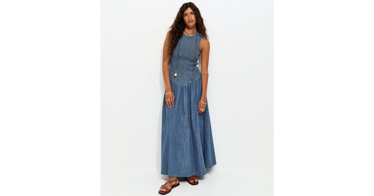 Women's Blue Denim Shirred Dropped Waist Maxi Dress New Look | New Look (UK)