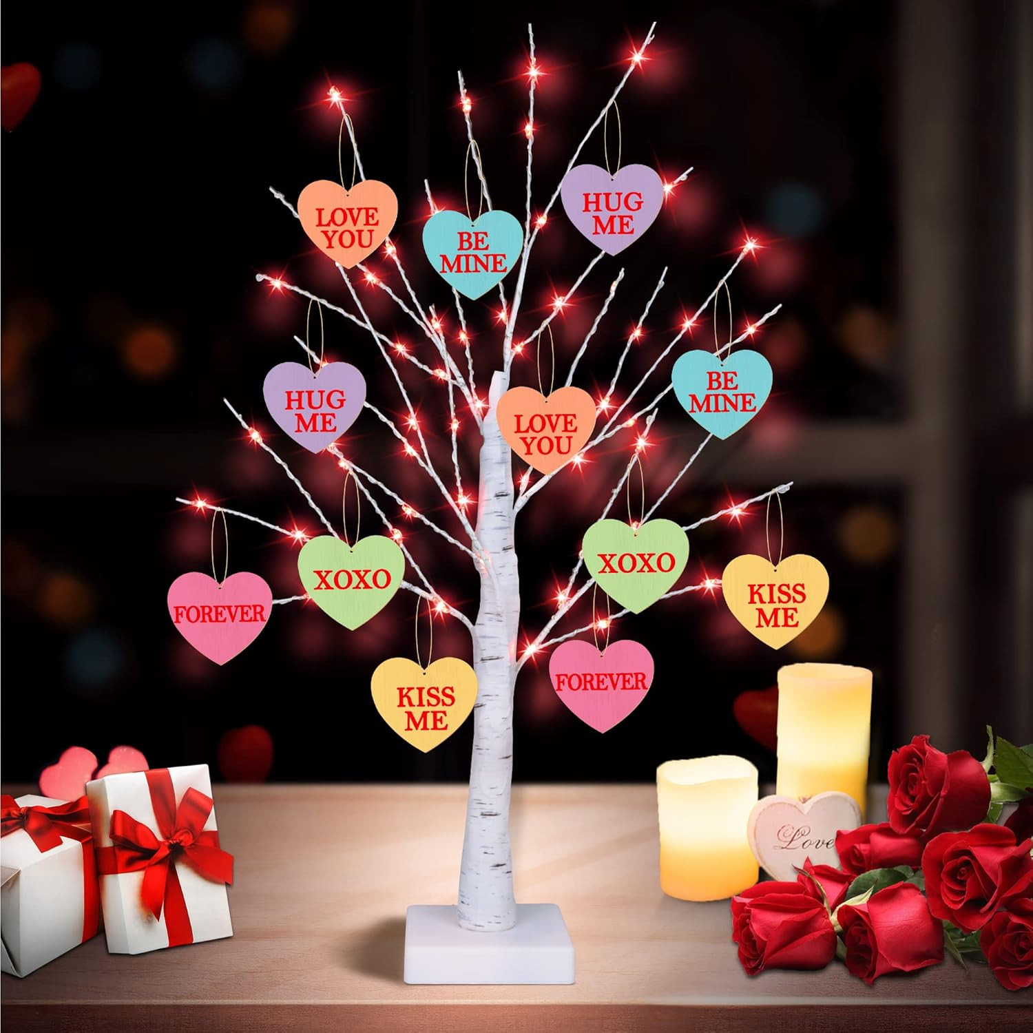 [Timer] Valentines Day Decoration 24 Inch Valentines Decor Tree Light with 12 Heart Ornaments, US... | Amazon (US)
