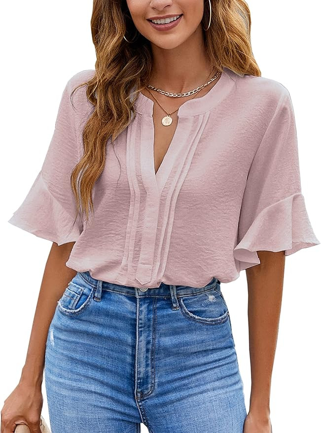 BMJL Womens White Blouses Chiffon Ruffle Short Sleeve V Neck Business Casual Tops Summer Cute Shi... | Amazon (US)