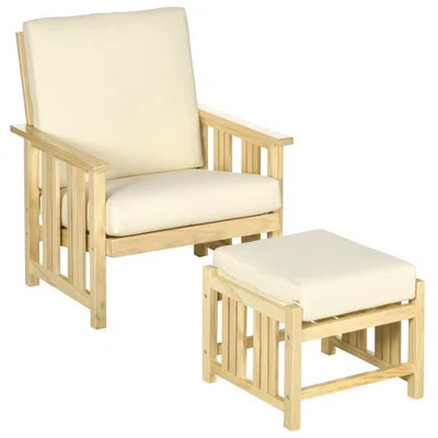 Patio Furniture Set, Wood Outdoor Patio Chair With Ottoman, 2 Piece Cushioned Outdoor Lounge Chair, Sofa Chair With Footrest, Beige | Wayfair North America