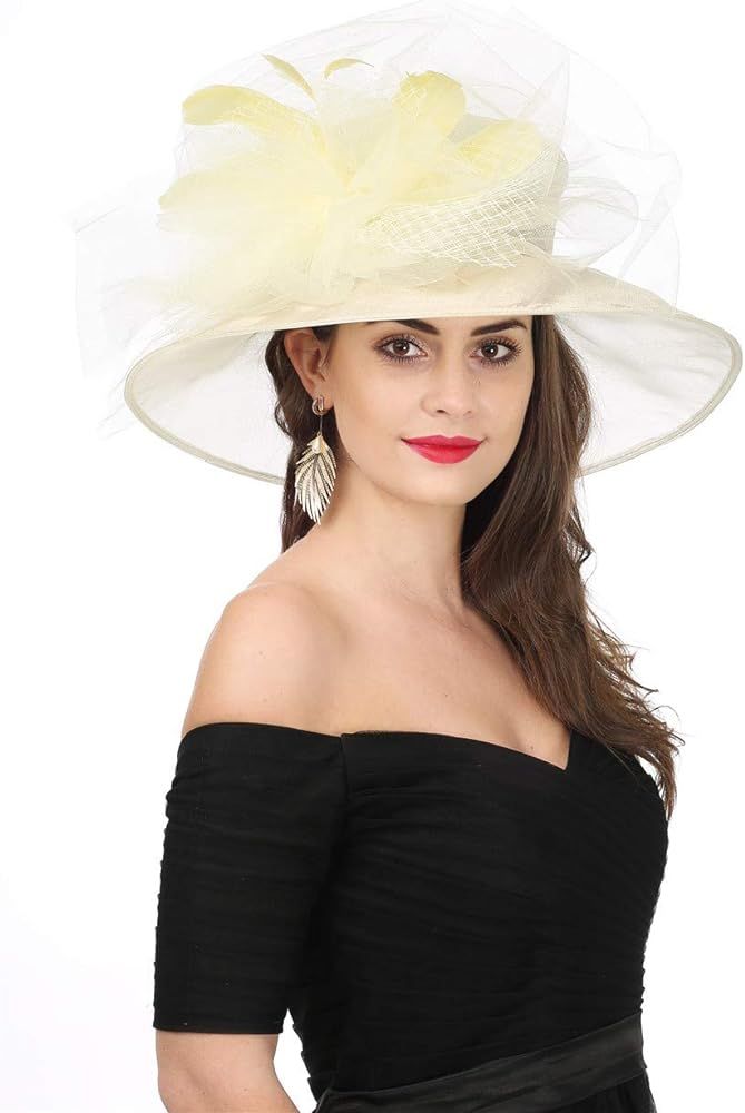 Women's Organza Church Kentucky Derby Hat Feather Veil Fascinator Bridal Tea Party Wedding Hat | Amazon (US)