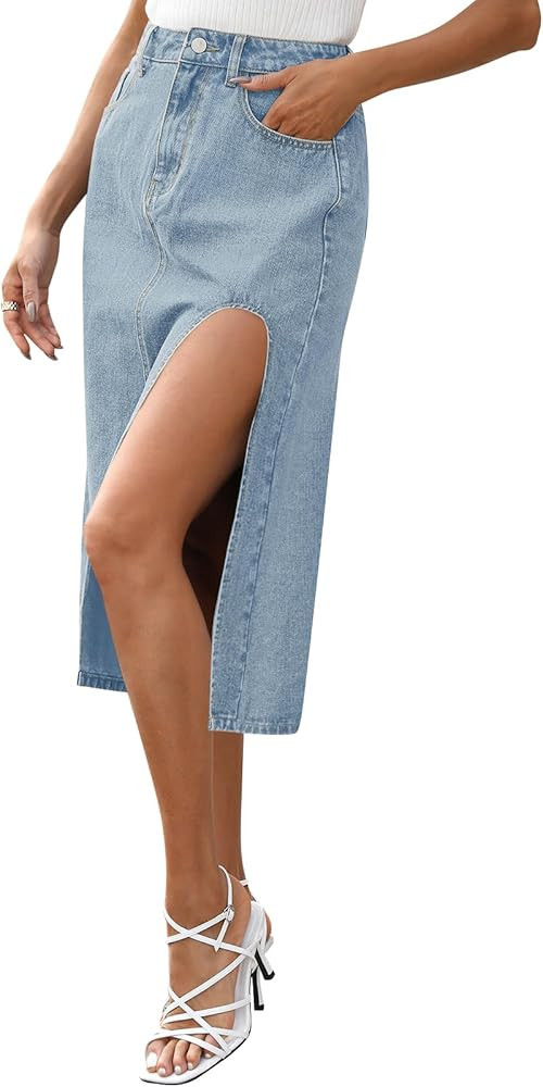 MEROKEETY Women's Denim Skirt Side Split Thigh High Waist A Line Casual Midi Jean Skirt with Pock... | Amazon (US)
