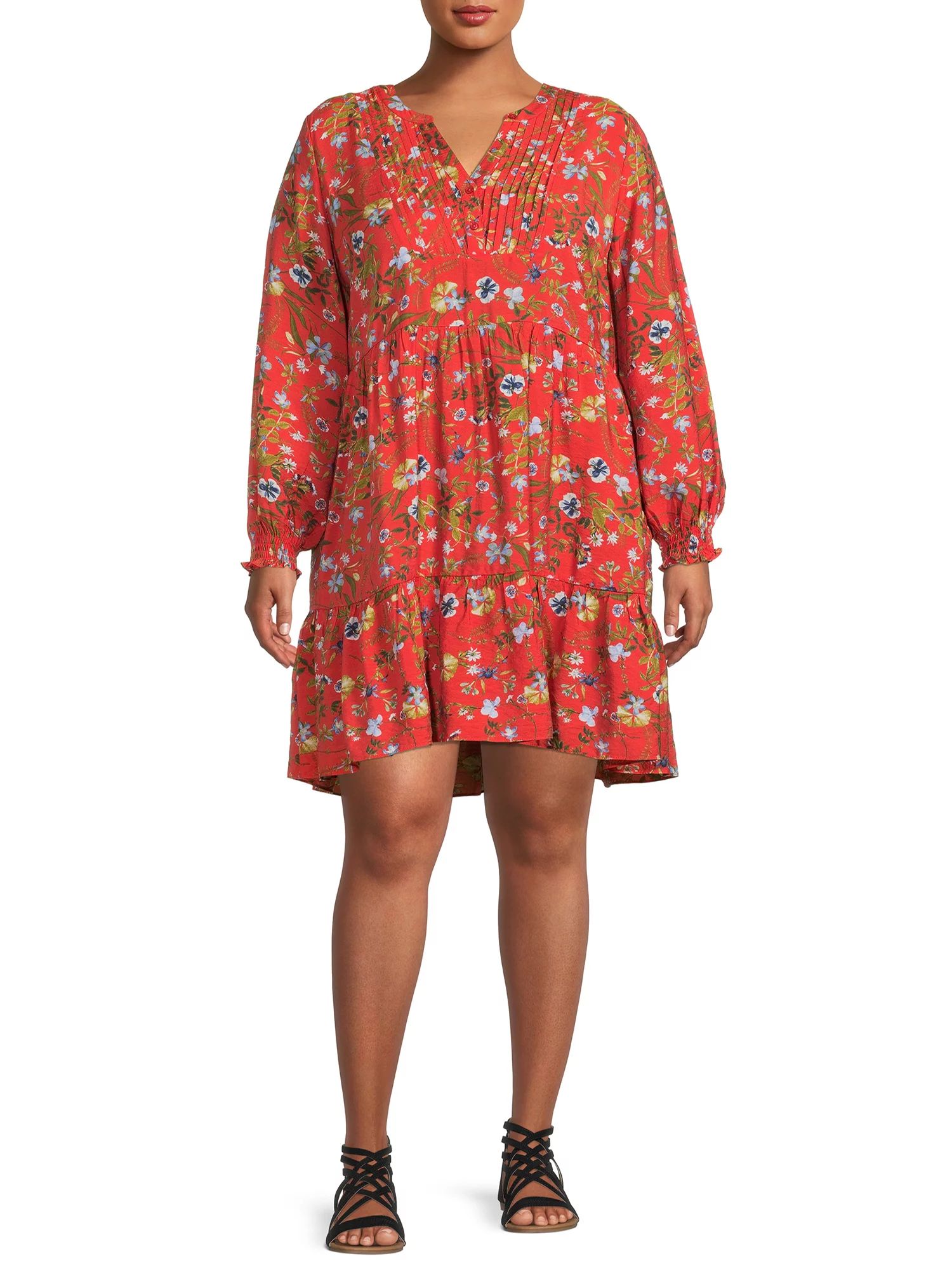 Terra & Sky Women's Plus Size Long Sleeve Pleated Tiered Dress | Walmart (US)