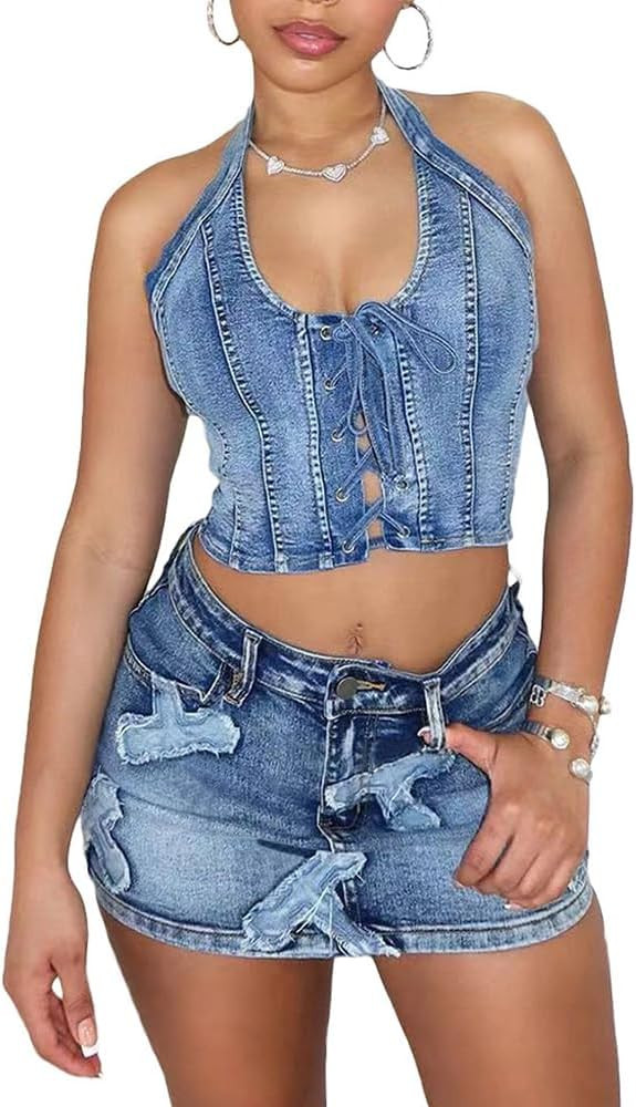 Molilove Women Denim Vest Set Halter Denim Top Mini Skirts Set Jean Set Vest Set Summer Sleeveles... | Amazon (US)