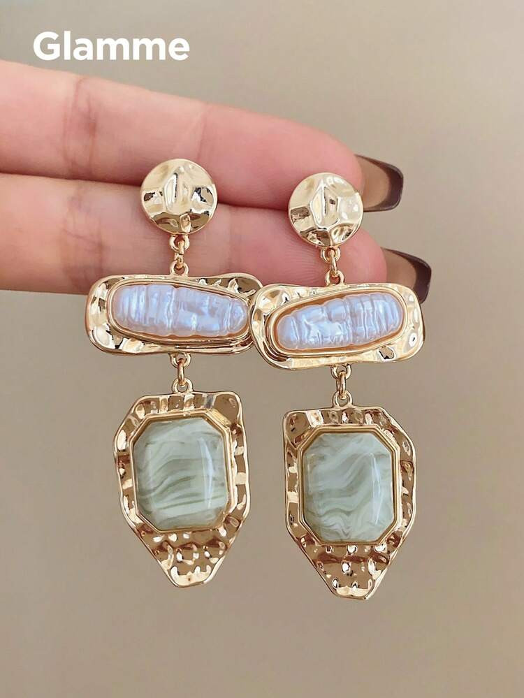 1 Pair Baroque Pearl & Green Resin Dangle Earrings, Vintage Luxury Style For Commute, Date, Forma... | SHEIN
