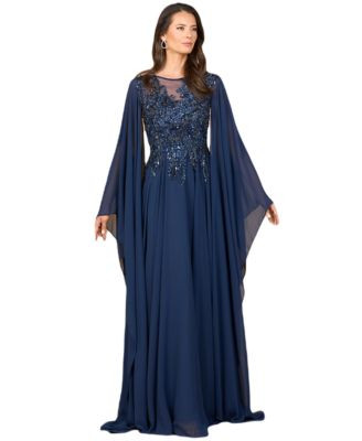 Lara Chiffon A - line Long Gown with Cape Sleeves - Navy | Macy's