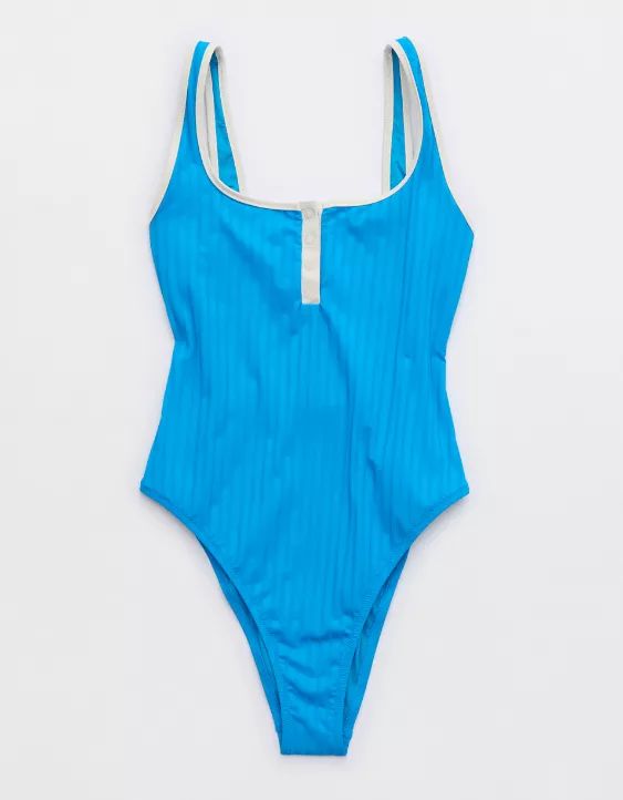 Aerie Wide Rib Henley Cheeky One Piece Swimsuit | Aerie